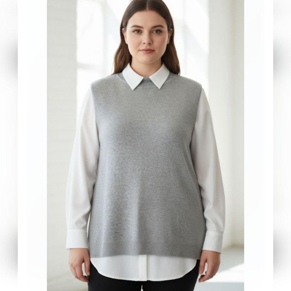 CJ Banks Light Gray Knit Vest Mock Collar SZ 1X Soft & Cozy
